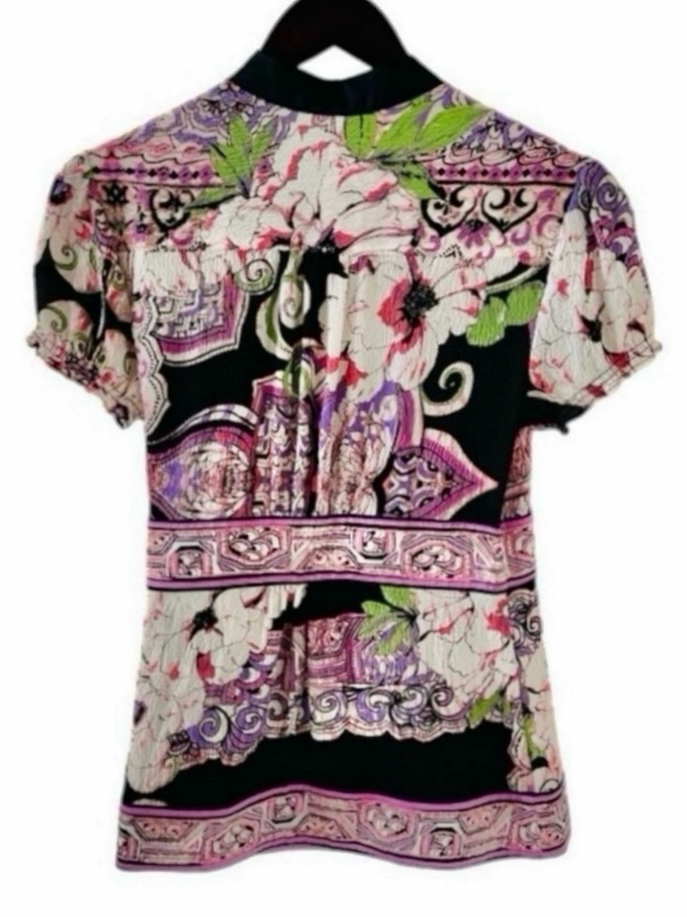 Bebe Pink & Black Floral Print V-Neck Wrap Short Sleeve Silk Blouse Size Medium - Picture 8 of 9